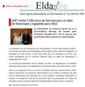 eldaaldia.es 10 de marzo de 2011 AMFI recibe 5.000 euros de Ibercaja para un taller de fisioterapia y logopedia para niños