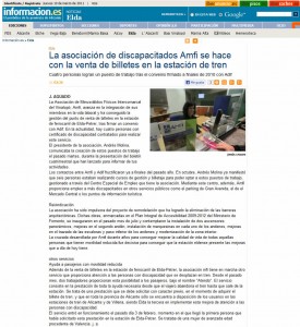 informacion.com 10 de marzo de 2011 La asociación de discapacitados Amfi se hace con la venta de billetes en la estación de tren