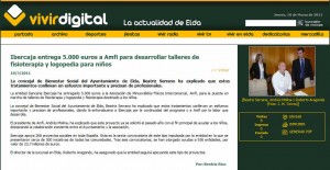 vivirdigital.com 10 de marzo de 2011 Ibercaja entrega 5.000 euros a Amfi para desarrollar talleres de fisioterapia y logopedia para niños