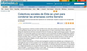 informacion.com 7 de abril de 2011 Colectivos sociales de Elda se unen para condenar las amenazas contra Serrano