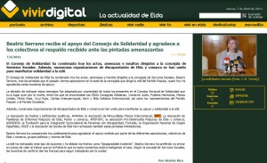 vivirdigital.com 7 de abril de 2011 Beatriz Serrano recibe el apoyo del Consejo de Solidaridad y agradece a los colectivos el respaldo recibido ante las pintadas amenazantes