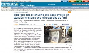 diarioinformacion.com 11 de octubre de 2012 Elda rescinde el convenio que daba empleo en atención turística a dos minusválidos de Amfi