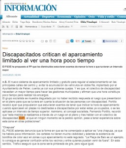 informacion.com 14 de marzo de 2013, Discapacitados critican el aparcamiento limitado al ver una hora poco tiempo