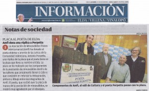 Información, 23 de marzo de 2013 Placa al Poeta de Elda. Amfi dona una réplica a Porpetta