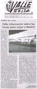 Valle de Elda 3 de enero de 2014 Correo del Valle: Falta de información sobre los trenes para viajar a Madrid